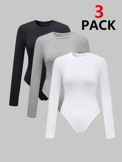 SHEIN Unity Solid Color Full Sleeve Skinny Bodysuit Body Suit Tops3 Pack Topsbodysuits For Teensbodysuits For Womenbodysuits For Women Plus Fall Cloth For Women