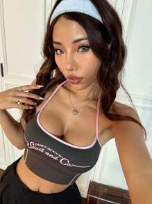 SHEIN Unity Color Block Letter Print Cropped Halter Top - Grey - View 1