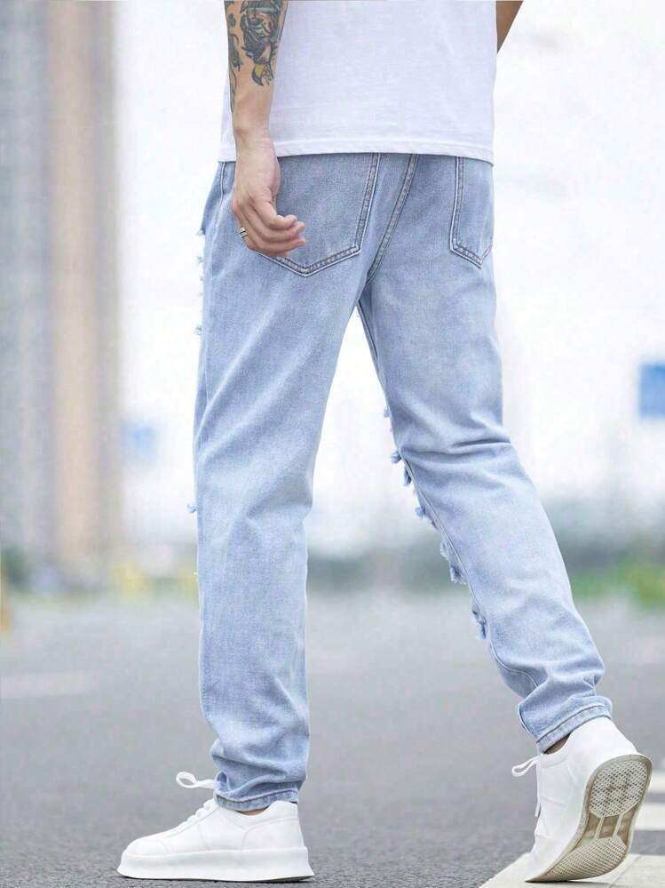 Manfinity Roghcode ผู้ชายผ้าฝ้าย Ripped Frayed Cut Out กางเกงยีนส์ขาตรงยาว Jean Cargo Plain Blue Party Street Wear - สียีนส์อ่อน - ดู 2