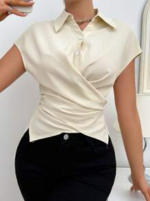 Chiquease Women's Solid Color Wrap Cross Front Button Down Collar Shirt