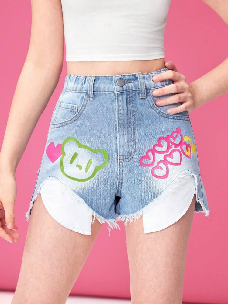 Teen Girl Bear & Heart Print Washed Denim Shorts With Frayed Hem