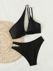 SHEIN Swim Summer Beach Ladies' One-Shoulder Two-Piece Bikini Set Music Festival - Black - View 6