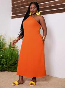 Slaydiva Freizeit Einfarbig Lockeres Ein-schulter-kurzarmkleid Mit Taschen Für Übergrößen Frauen