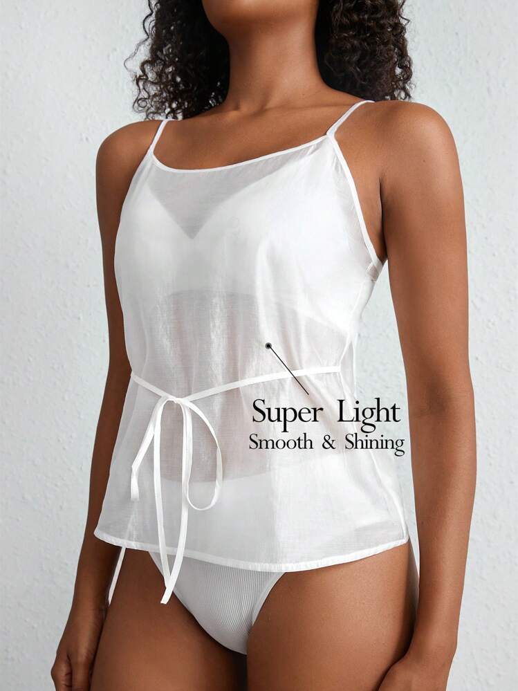 Ocili Leisure Light & Soft Sheer Front Tie Cami Sleep Top - White
