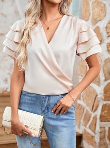 SHEIN Clasi Camisa Coral Casual De Cuello En V, Con Detalles De Volantes Y Decoración De Color Sólido - Albaricoque - Ver 1