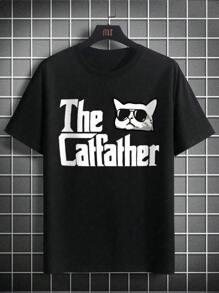Plus Size Men's Casual Cat Letter Print Round Neck Short Sleeve T-Shirt