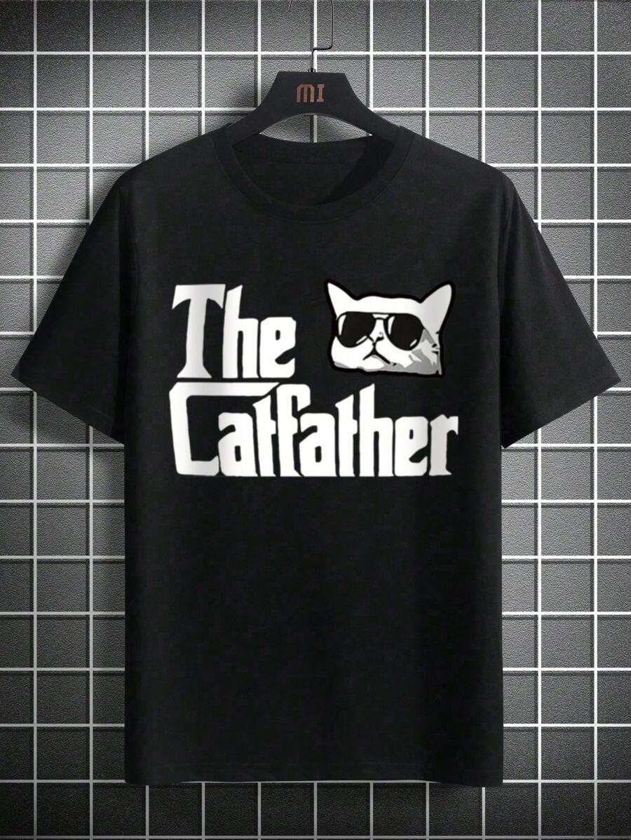 Plus Size Men's Casual Cat Letter Print Round Neck Short Sleeve T-Shirt