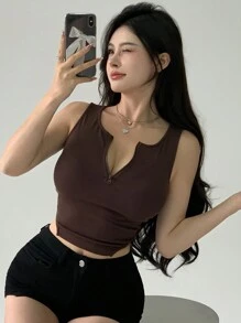 DAZY Asymmetrical Hem, Round Neckline, Half Zip Front Cropped Women's Tank Top With Sleeveless Design And Slimming Effect - Coffee Brown - View 3