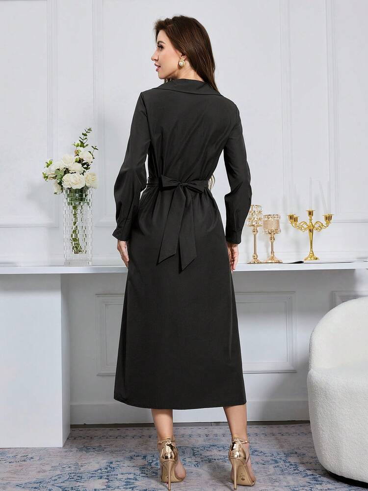 Women's Solid Color Long Sleeve Lapel Collar Belted Dress