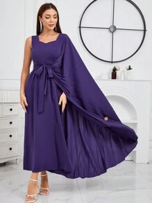 Modelyn 纯色宽松休闲连衣裙，心形领口，优雅晚会礼服长款晚礼服 - 紫色 - 查看 4