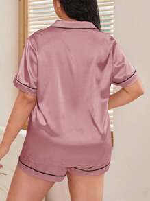 SHEIN Plus Size Color Block Piping Lapel Comfy Pajama Set - Dusty Pink - View 2