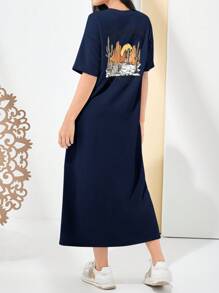 Mulvari Women's Round Neck Short Sleeve Printed Simple Dress, Casual & Daily Wear