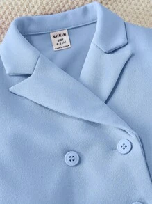 SHEIN 嬰兒女寶寶休閑純色短袖襯衫、褲子和吊帶三件套裝 - 藍色 - 查看 5