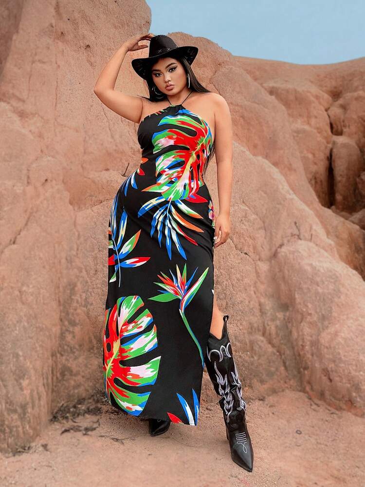 Plus Size Women's Tropical Plant Printed Halterneck Dress