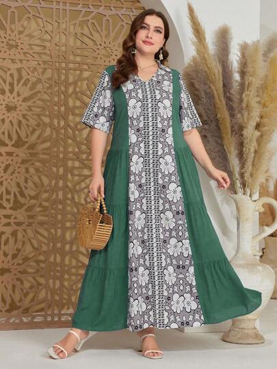 Al Najma 大尺碼寬鬆花卉印花v領拼接裙