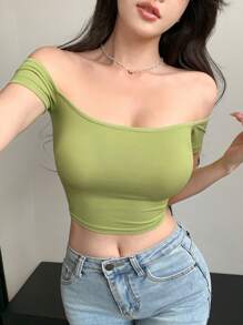 Dazy Designer Women Green Off Shoulder Fitted T-Shirt Summer,Crop Tops Women