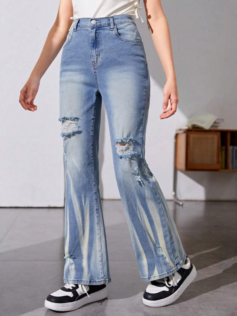 Teen Girl Washed Ripped Flare Jeans - Medium Wash - View 1