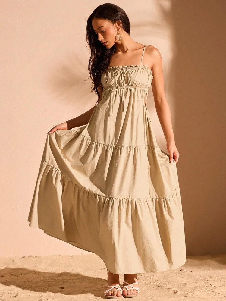 Ladies' Khaki Color Midi Dress With Pleats, Tie Straps