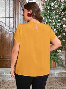 SHEIN Clasi Plus Size Lace Patchwork Round Neck Petal Sleeve Shirt With Ruffle Trim - Yellow - View 3