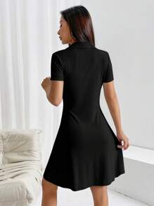 SHEIN EZwear 女士純色短袖polo衫裙 - 黑色 - 查看 2