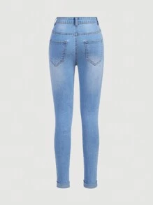 SHEIN Pantalones vaqueros rotos con dobladillo y estilo boho lavados de primavera/verano para niña preadolescente, ropa de verano - Lavado ligero - Ver 2