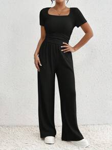 SHEIN Frenchy Conjunto casual de 2 piezas para mujer con camiseta de manga corta de cuello cuadrado y pantalones anchos de cintura elástica - Ropa de vuelta al colegio, ropa de otoño para mujer, estilo "old money", ropa de profesora, pantalones de pijama, informal femenino - Negro - Ver 6