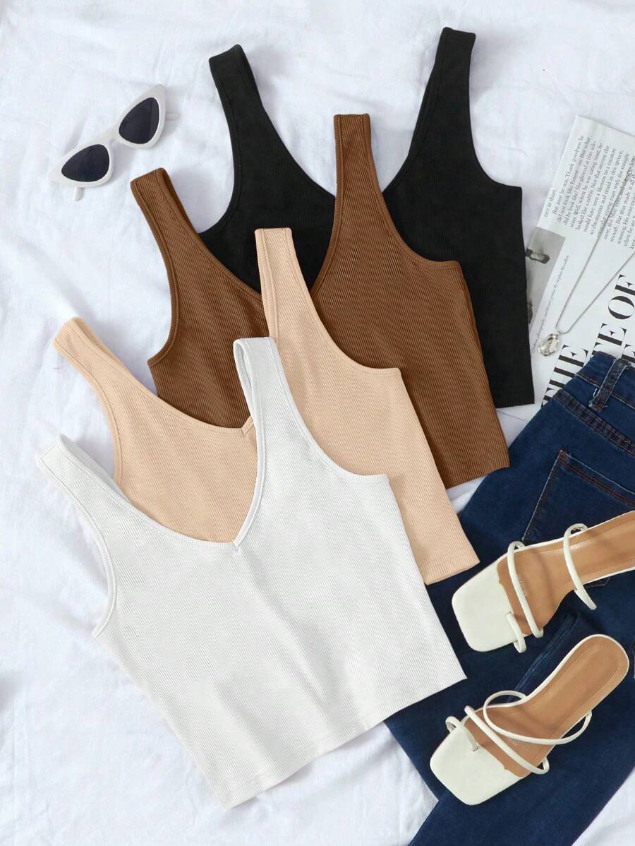 Chiquease Women's Solid Color V-Neck Slim Fit Tank Top Versatile - Multicolor - View 1