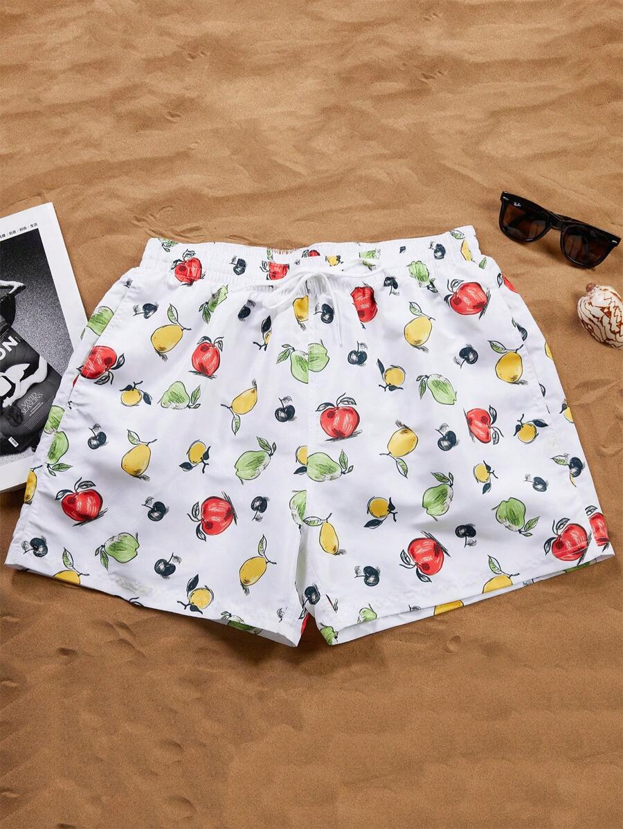 Surfspeed Men's Fruit Print Drawstring Waist Beach Shorts - Beige - View 1