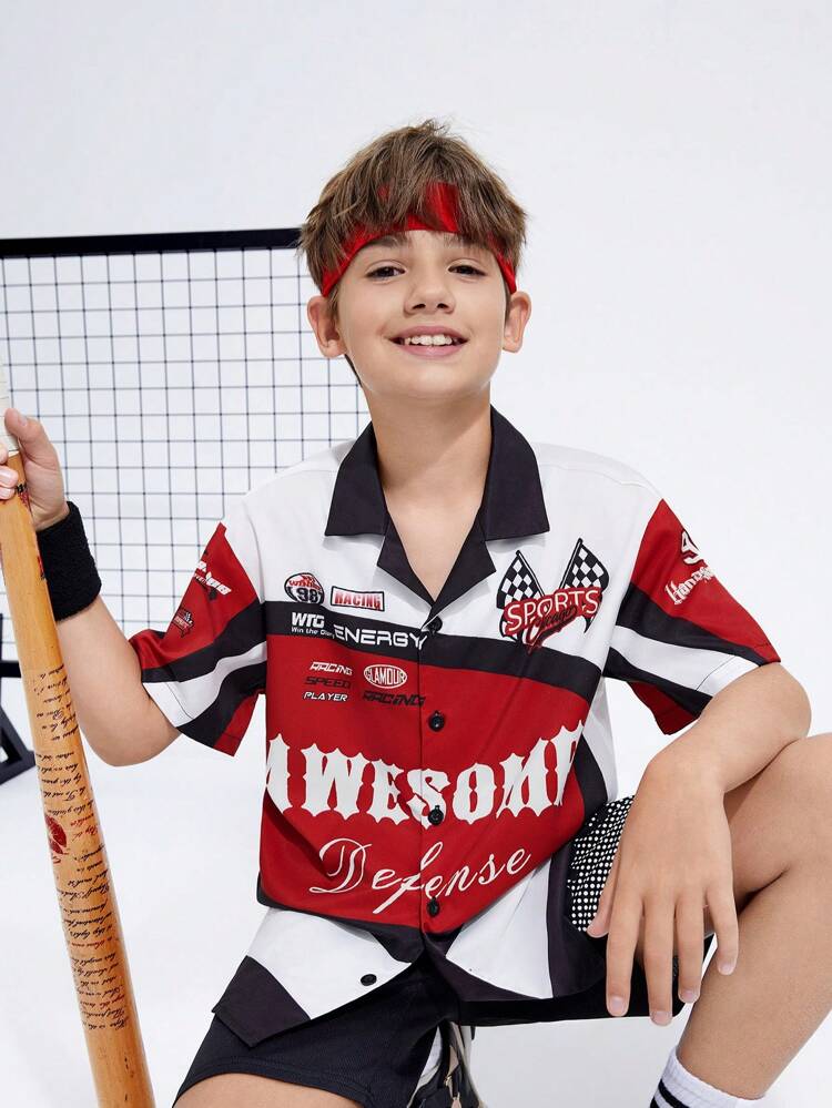 Tween Boy's Loose Fit Sports Style Short Sleeve Shirt With Color Block And Letter Pattern Collar