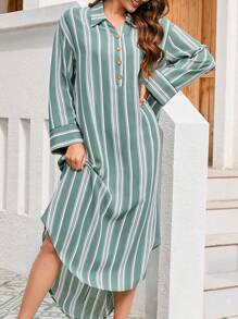 Seusyu Women's Striped Half Button Placket Dress - Green - View 3