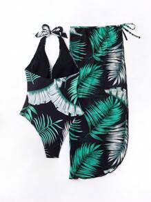 SHEIN Swim Summer 2pcs Women's Vacation Style Plant Printed One-Piece Swimsuit