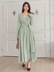 DAZY Solid Color V-Neck Long Sleeve Cinching Waist Dress,Fall Dress - Green - View 3