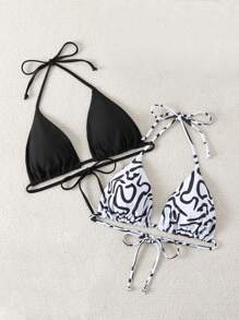 SHEIN Swim Women's Summer Beach Halter Neck Bikini Top - Black and White - View 3