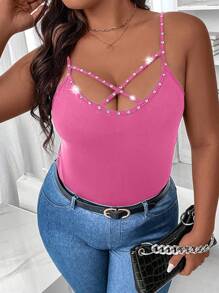Calvaya Plus Size Diamond Decorated Cross Back Tank Top - Hot Pink - View 1