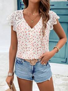 SHEIN Frenchy Áo cưới cổ chữ V có hoa nhỏ chắp vá mùa hè cho nữ - Nhiều màu - Xem 1