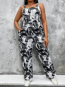 Flirla Kích thước lớn Trừu tượng Con người In Tổng thể Jumpsuit - Đen và trắng - Xem 4