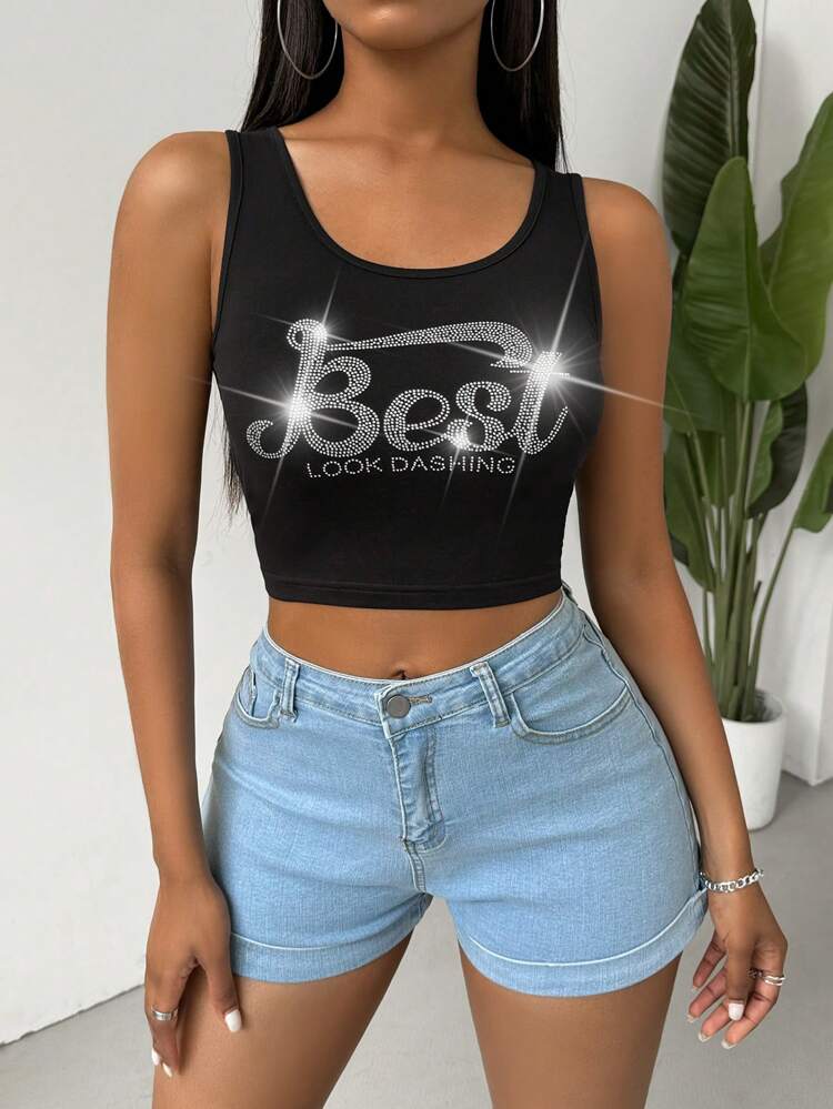 Women's Sleeveless Tank Top With Rhinestone And Letter Design