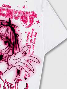 ROMWE MEN Áo thun nam tay ngắn in hình nhân vật anime và khẩu hiệu, thích hợp mặc hàng ngày vào mùa xuân hè, đi học - trắng - Xem 5