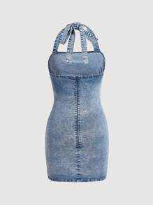 SHEIN ICON Gợi cảm Mini Xếp li Đầm Denim Với Cái cổ Dây đeo Đối với phụ nữ , Xanh - Rửa nhẹ - Xem 2