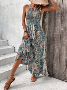 SHEIN VCAY Của phụ nữ In Áo nịt ngực xếp ly dây rút Dải mỏng Đầm - Màu xanh lam - Xem 4