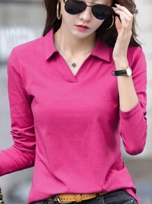 INAWLY 女士纯色长袖休闲 T 恤 - 玫紅色 - 查看 3