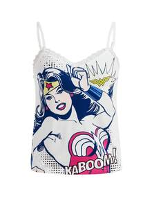 DC Women Core X SHEIN 1 bộ Nhân vật hoạt hình Và Đồ họa Chữ cái Trang trí ren Bộ PJ - trắng - Xem 6