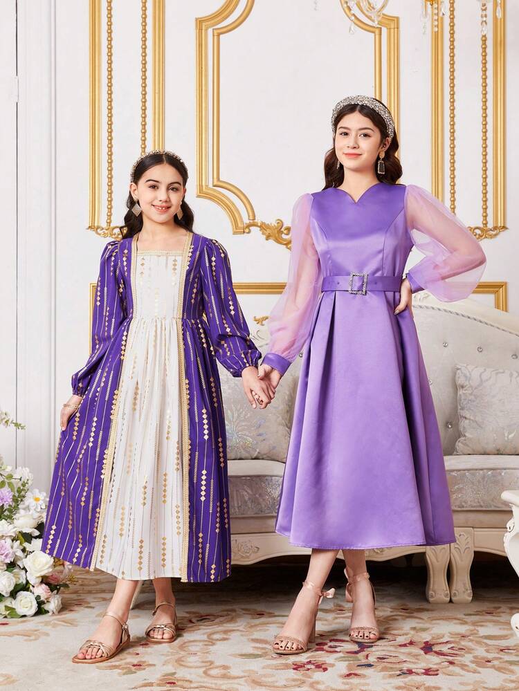 Tween Girl Square Neckline Puff Sleeve Long Dress With Jacquard Trim, Foil Geometric Patterns And Color Blocking Details