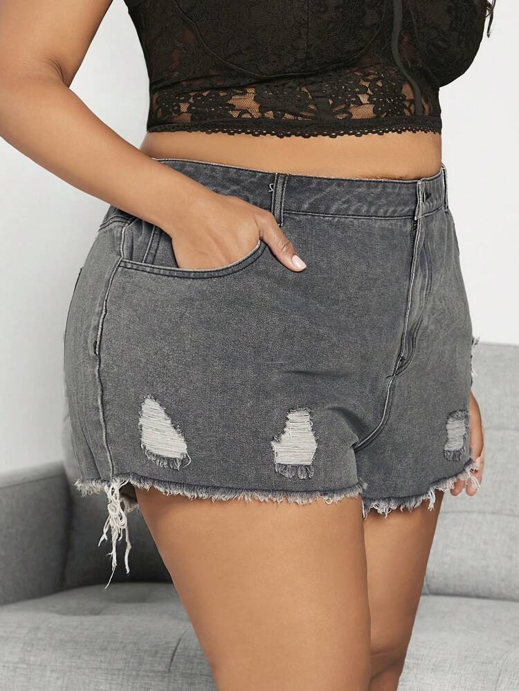 Plus Size Women's Gray Washed Ripped Fringe Hem Denim Shorts