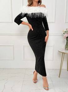Modelyn 女士毛茸茸拼布露肩连衣裙，优雅晚会礼服长款晚礼服 - 黑與白 - 查看 3