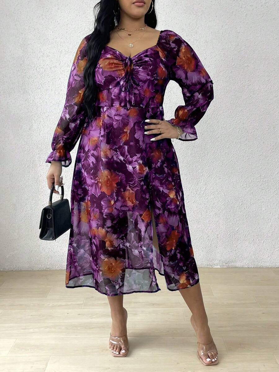 Franclia Kích thước lớn Tim Đường viền cổ áo Dây rút Hoa In Đầm - Màu tím - Xem 1