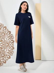 Mulvari Women's Round Neck Short Sleeve Printed Simple Dress, Casual & Daily Wear