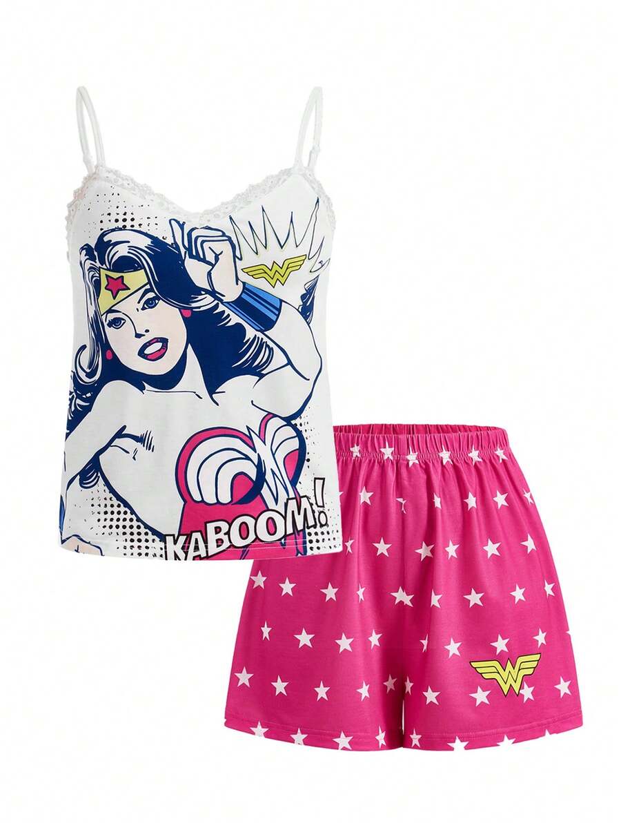 DC Women Core X SHEIN 1 bộ Nhân vật hoạt hình Và Đồ họa Chữ cái Trang trí ren Bộ PJ - trắng - Xem 1