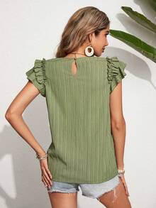 SHEIN VCAY Camisa Sólida De Color Para Mujer Con Diseño De Textura Y Adornos De Volantes, Estilo Casual - Verde - Ver 2