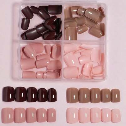 VV MEI JIA ER 96入組/箱實心4種顏色的光澤可穿戴美甲可愛短方形假甲，可拆卸完成的假甲，按壓式假甲，內附儲物盒，作為新年禮物給女性和女孩子的美甲用品。